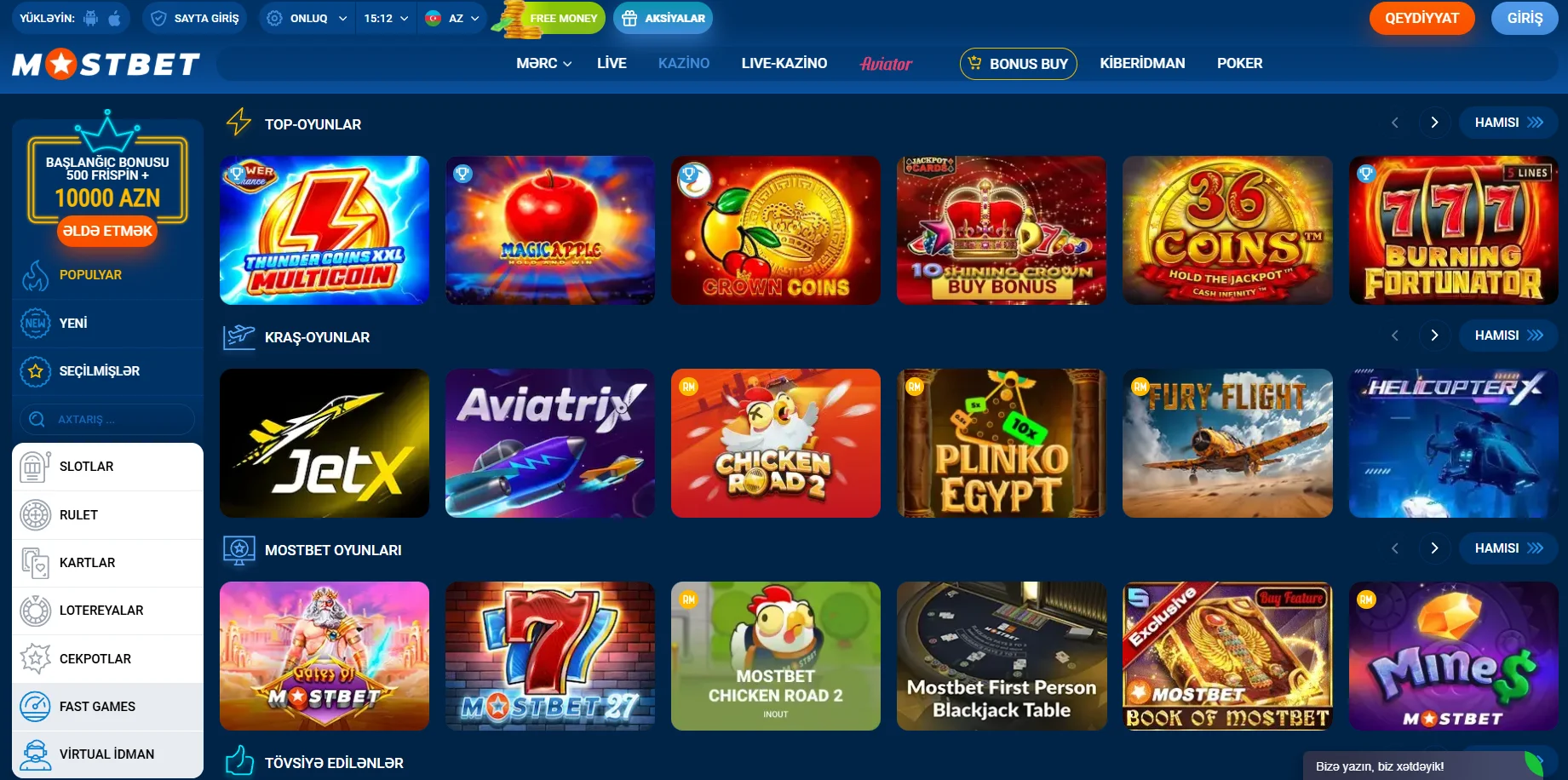 Mostbet AZ Casino oyun kataloqu və Mostbet kazino bölmələri